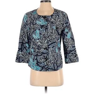 Charter Club 3/4 Sleeve Floral Print Button Up Collarless Jean Jacket M Blue